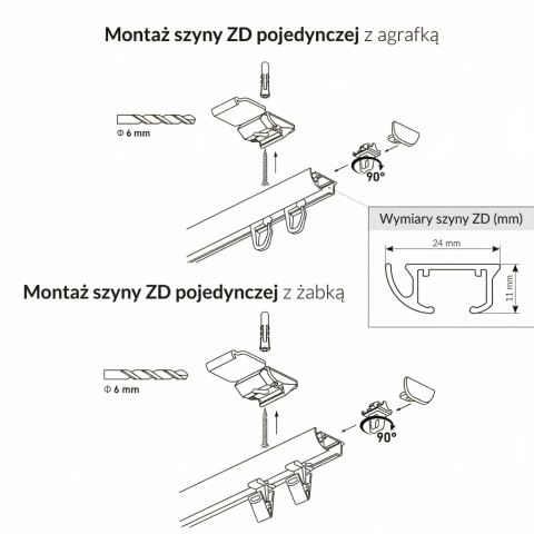 Szyna aluminiowa ZD pojedyncza cięta 500 cm Szary agrafki ZD-500/2-Szary-agrafki