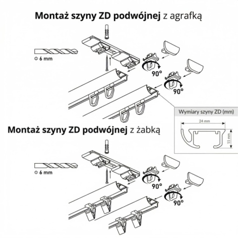 Szyna aluminiowa ZD2 podwójna 300 cm Szary agrafki ZD2-300-Szary-agrafki