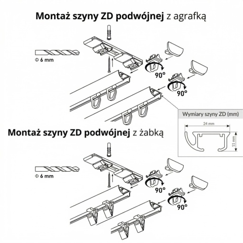 Szyna aluminiowa ZD2 podwójna cięta 500 cm Biały żabki ZD2-500/2-Biały-żabki